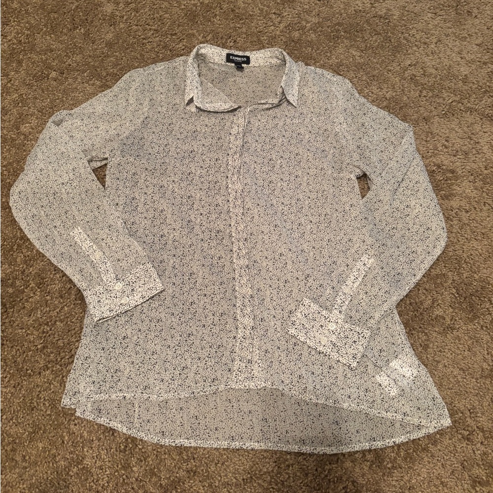 Express Sheer Button-Up Blouse in White, Black and Green Long Sleeve Size Medium